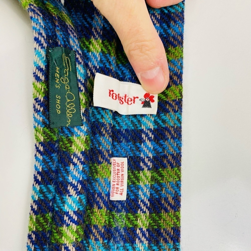 Vintage Rooster Square End Necktie, Blue Plaid Virgin Wool 3" Wide Tie - Picture 6 of 12